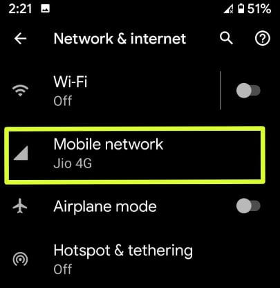Mobile network Settings Android 10 phone