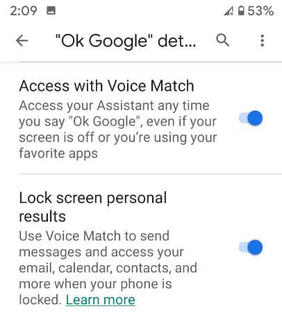 Set up voice match in android 10 to use voice assistant