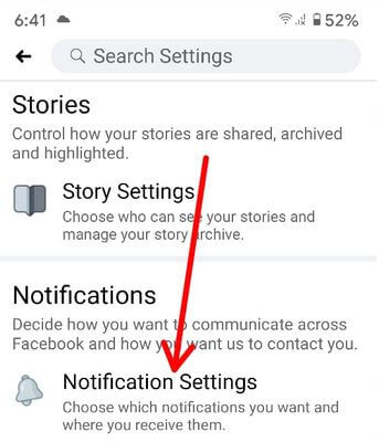 Facebook app notification settings