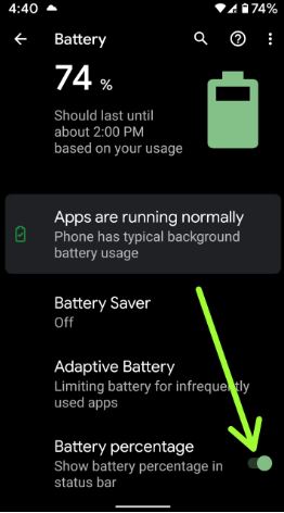 How to display battery percentage in status bar Pixel 4 XL