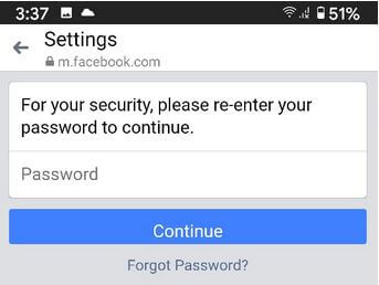 Set a new password on Facebook app on Android device