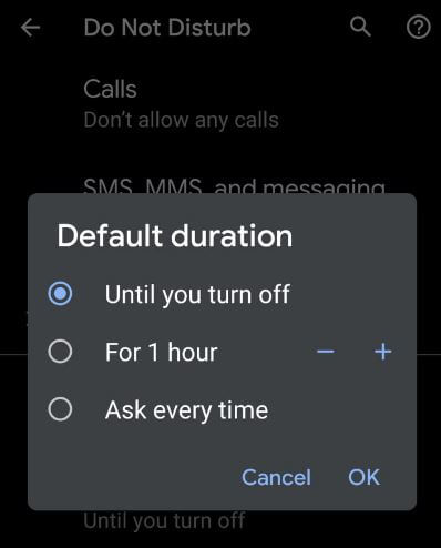Set default duration to automatically enable DND mode in Android 10