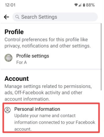 Tap on Personal information to edit facebook name Android device