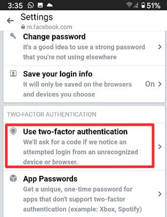 Use two factor authentication on Facebook Messenger App on Android