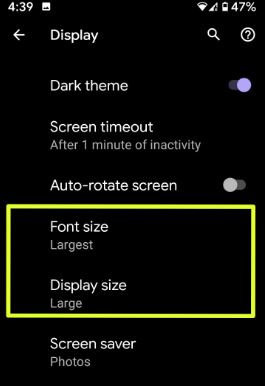 Change font style and display size on Android 10