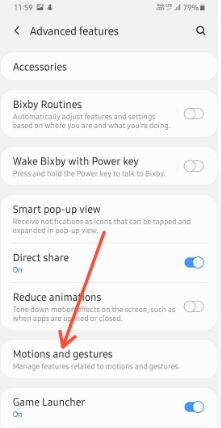 Galaxy A50 motions and gestures settings