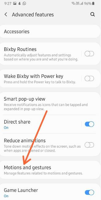 Motions and gestures settings in galaxy A50