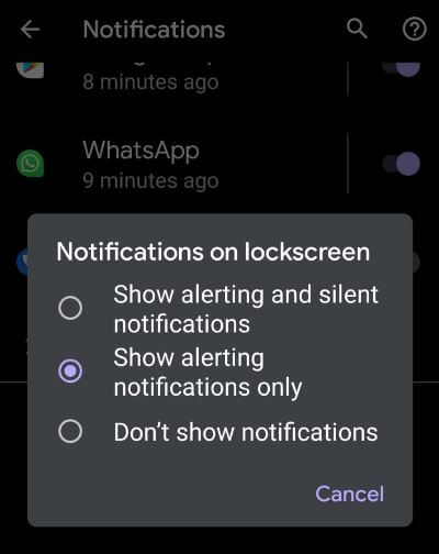 Turn off all notifications Android 10 lock screen