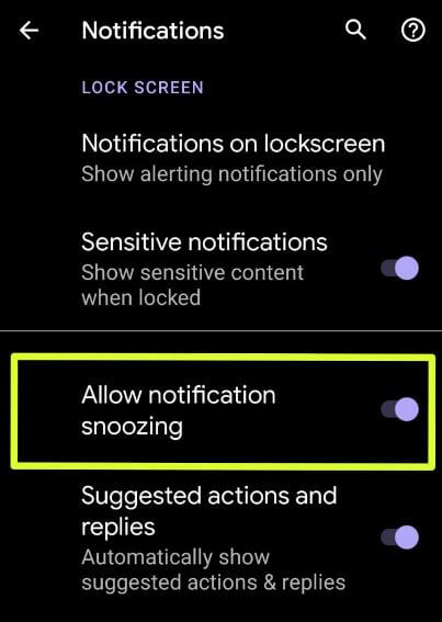 enable snooze notifications android 10