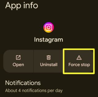 Force Stop to Fix Instagram error network error occurred