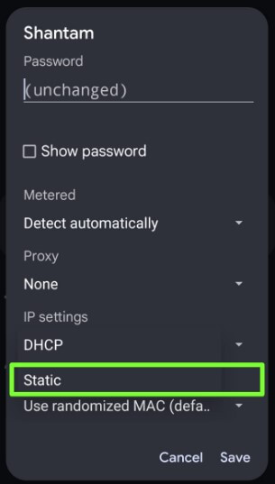 Set a static IP address on Android device