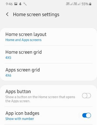 Set home screen settings on A50