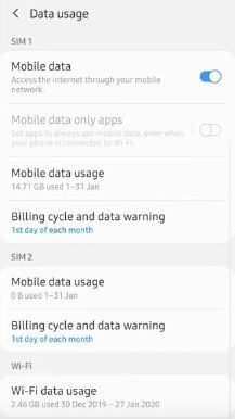 Ciclo de faturamento do Samsung A50 e aviso de dados