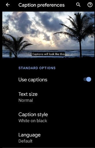 Turn on captions preferences on Pixel 4 XL