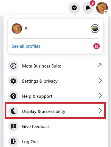 Display and accessibility Settings in Facebook App In PC