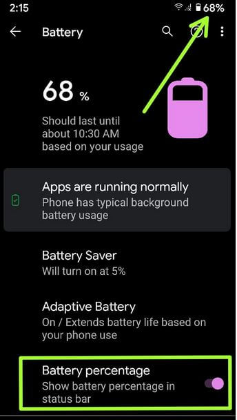 How to Enable Battery Percentage in Status Bar on Pixel 4a