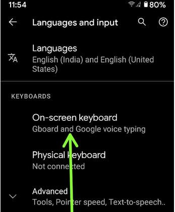 Pixel 4a on screen keyboard settings for change keyboard language