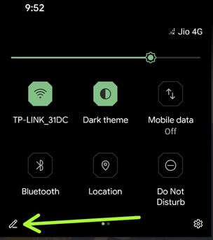 Tap pencil icon to go quick settings panel in Android 11