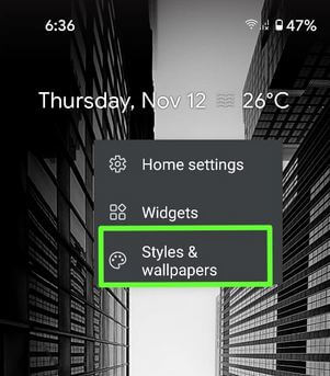 Styeles and wallpapers settings to set Pixel 5 wallpaper