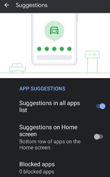 App suggestion settings in Google Pixel 5 Home Screen