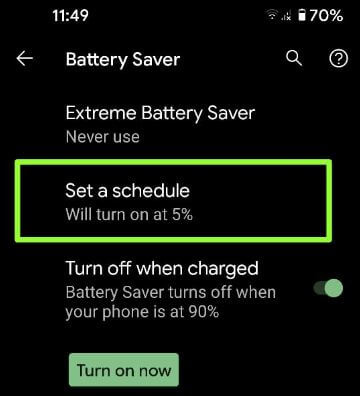 Set a schedule to automatically activate battery saver Pixel 5 phone