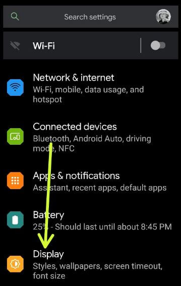 Display setting on stock Android 11 to enable dark mode