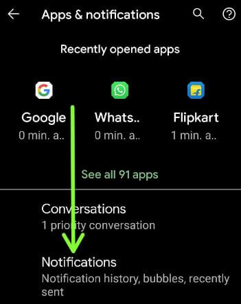 Notification settings to turn on chat bubbles on Android 11 stock OS