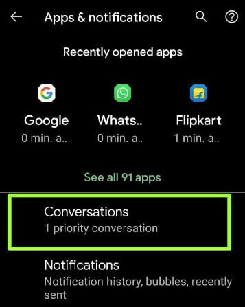 Open conversation settings to set priority for bubble notifications Android 11