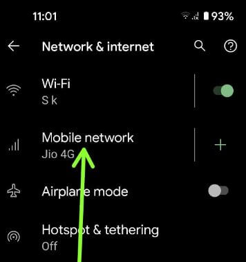 Go to Mobile network for APN settings in Pixel devices