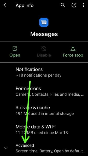 Advanced settings of messages app to set default apps on stock Android 11 OS
