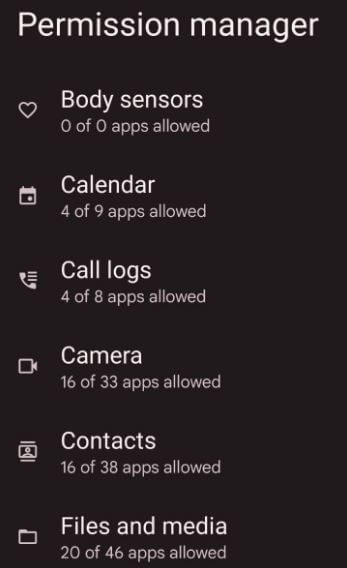 Permission manager settings on Android 12 Stock OS