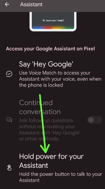 Set power button to access Google Assistant on Android Phone