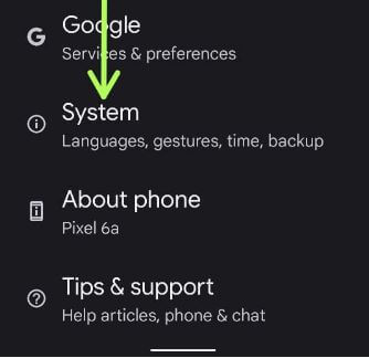 Go to System settings in your Google Pixel 6a 5G