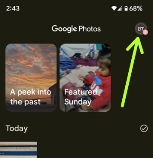 Open profile for Google my photos app on Android