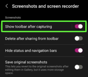 Screenshot toolbar settings on Samsung Galaxy