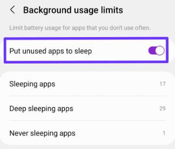 Enable Put Unused Apps to Sleep to Extend Battery Life Samsung Galaxy S23 Series