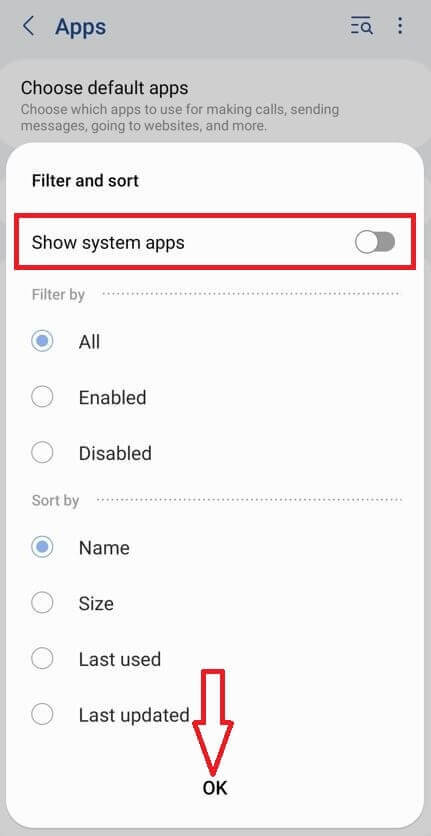 Enable Show system apps to view all apps on Samsung S23 Ultra