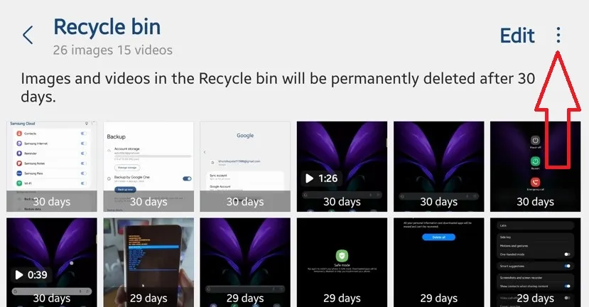 Tap Three vertical dots to empty recycle bin on your Z Fold 5 to free up Storage Space