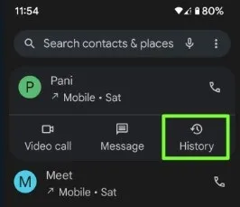 Tap the History on contact name in Google Pixel 7 Series
