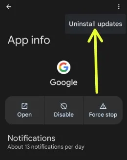 Uninstall Google App Update to fix Google Keeps Stopping Error on Android Phone