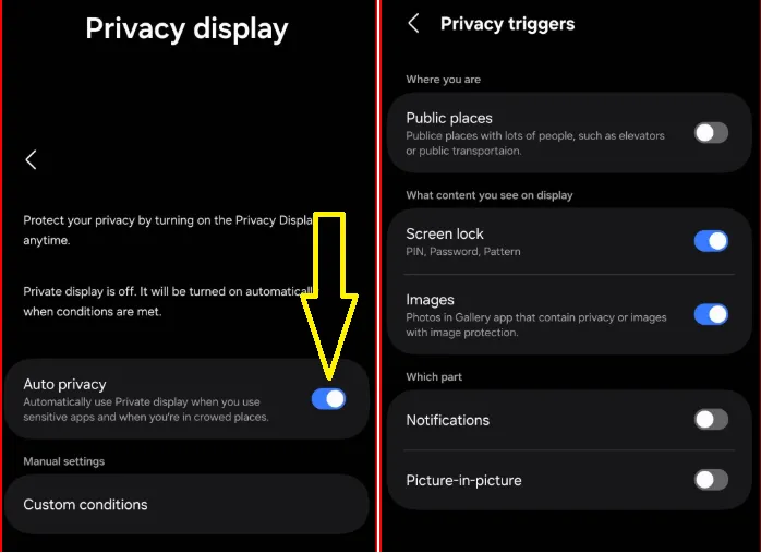 Galaxy S26 Ultra Privacy Display Settings with Automatic Triggers